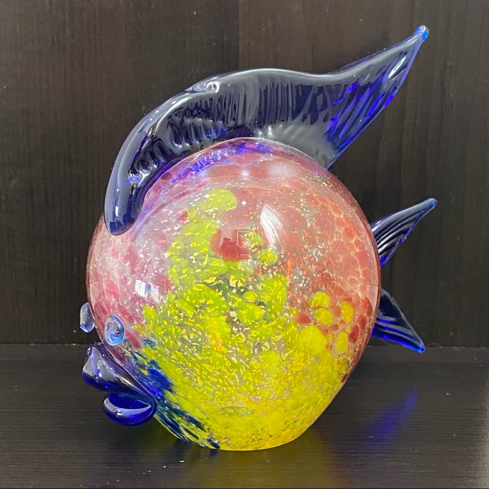 Vintage Rare Murano Glass SIGNED Puffer Fish Silver Speckled Art Glass Sculpture